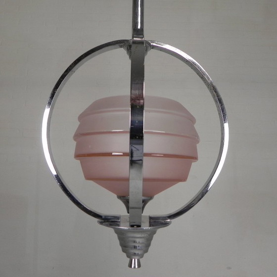 Image 1 of Art Deco pendant lamp with glass shade in a chrome frame, 1930s