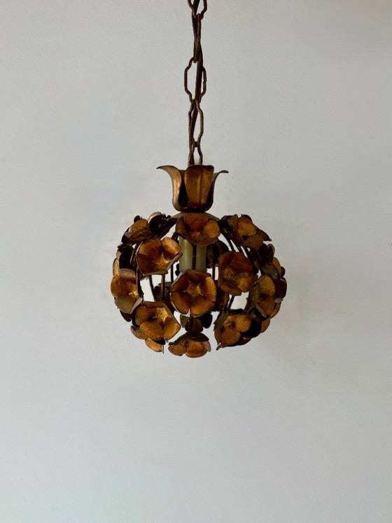 Image 1 of Vintage floral motif pendant light, gilt metal, France, 1970