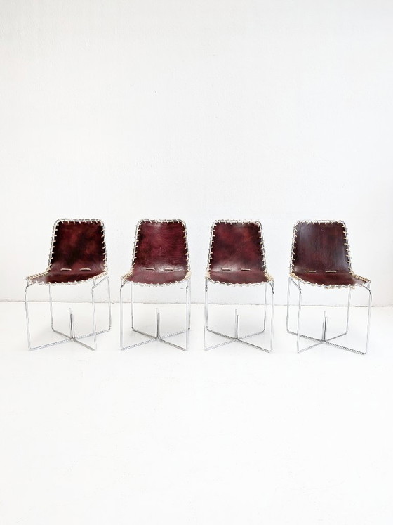 Set of 4 Italian Modern Leather Sling Back Chairs 1970s – Dining chairs (photo 2 of 8)