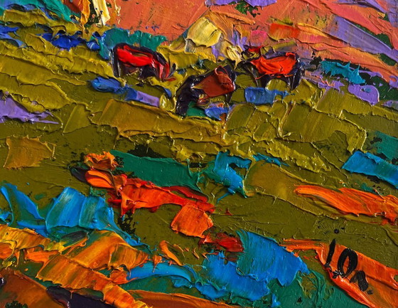 Image 1 of Original Oil Painting Evening Field Landscape Cattle grazing in autumn meadows