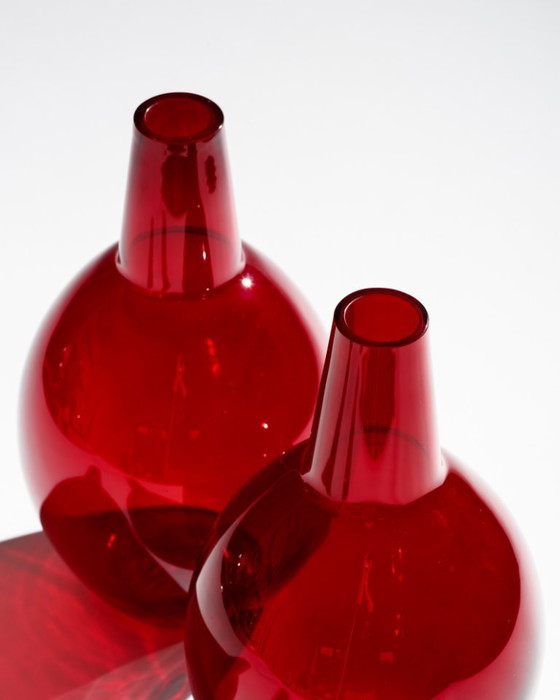 Image 1 of Hirschberg “Kalabasse” Ruby Red Sculptural Glass Vase Duo Wilhelm Braun-Feldweg