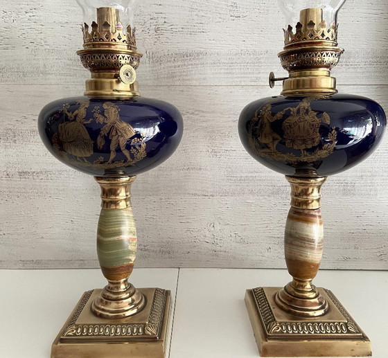 Image 1 of Duo di lampade a olio da salotto Inizio XX secolo Bronzo Terracotta Rame Giallo Cristallo