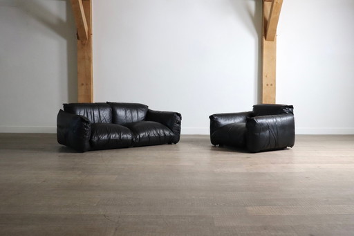 First Edition Mario Marenco Sofa and Lounge Chair in Black Leather for Arflex 1970s