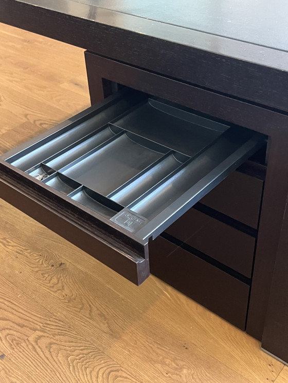 Image 1 of Double wooden desk with leather inlay and drawer units