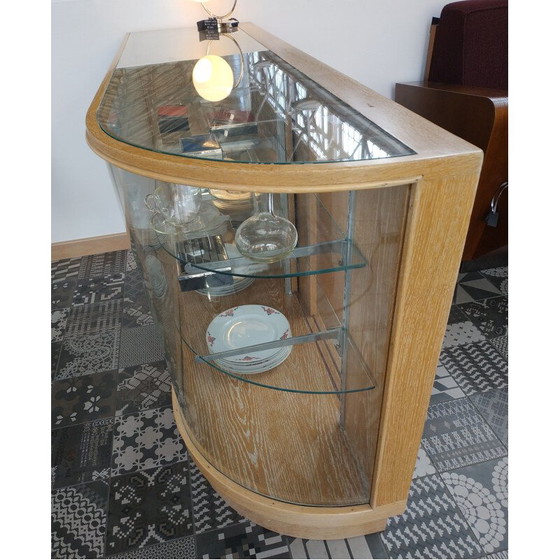 Image 1 of Pair of vintage oak display cabinets with rounded glasses, Czechoslovakia