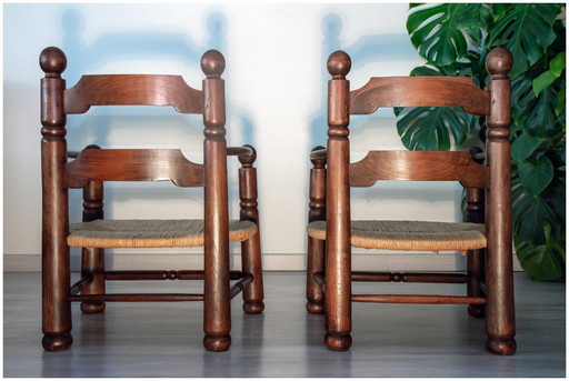 Eikenhouten en biezen fauteuil, brutalistische stijl, Charles Dudouyt, jaren 40