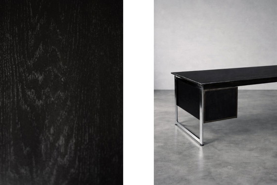Image 1 of Vintage Mid-Century Danish Modern Minimalist Black Oak Desk with Chrome Base, 1970s