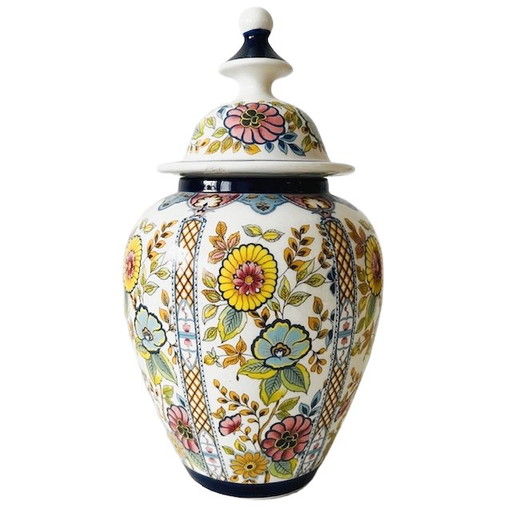 Vintage Italian Florentine lidded vase with colorful flowers, 1970s