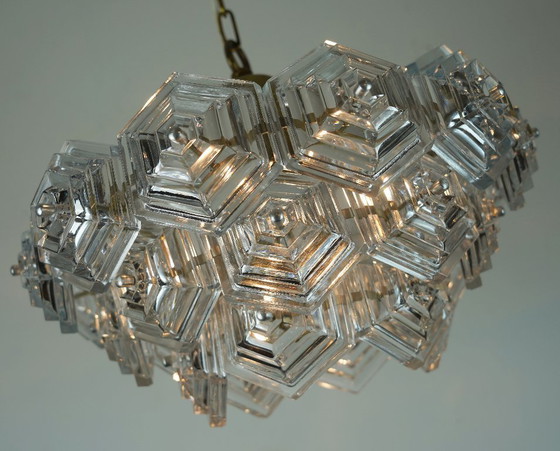 Image 1 of 3-tier mid century PENDANT LIGHT with 27 hexagonal glass panels 1960s 70s chandelier
