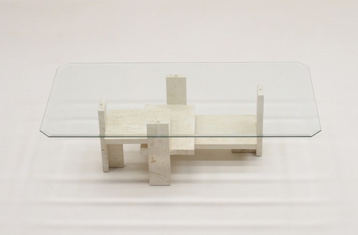 Tavolino Willy Ballez in travertino e vetro