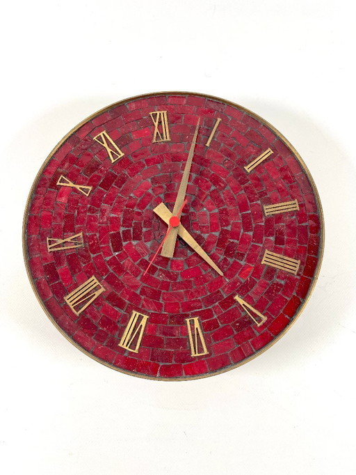 Mid-Century mosaic wall clock, Junghans quartz movement, Ø 28 cm