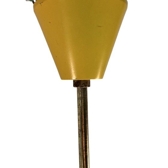 Image 1 of Vintage 50’s MCM Hanging pendant - Frosted / semi translucent white glass - Yellow ceiling mounted canopy and brass upright