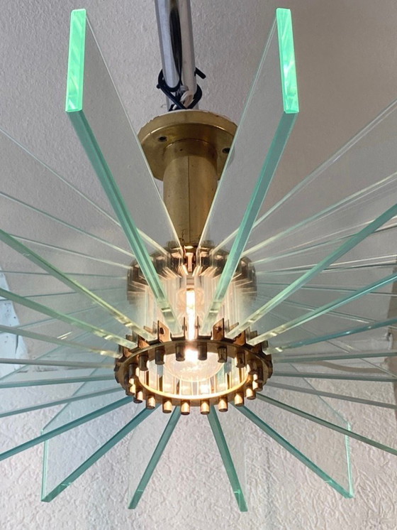 Image 1 of Incredibile grande lampada da incasso in ottone e vetro alla maniera di Fontana Arte ca. 1950s