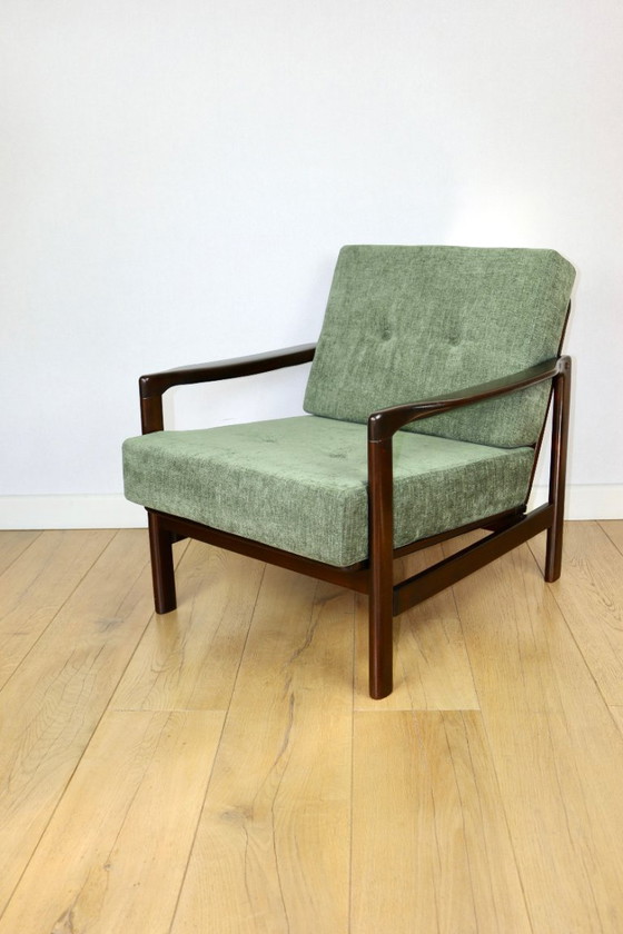 Image 1 of Vintage brown wooden armchair green-olive jeans design by Z. Bączyk - 2 pieces available