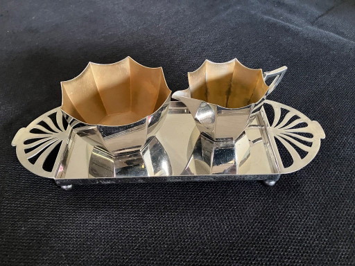 Zeldzaam! Originele Art Deco Melkkan, Suikerpot en Dienblad van WMF! ca. 1925-1930!