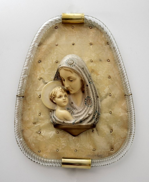 Cadre Torchon Madone et enfant en verre de Murano, Mid-Century Modern, Venini, années 50