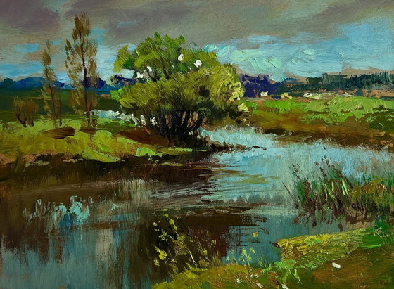 Image 1 of Original Oil Painting Day Coastal Landscape Summer winding river