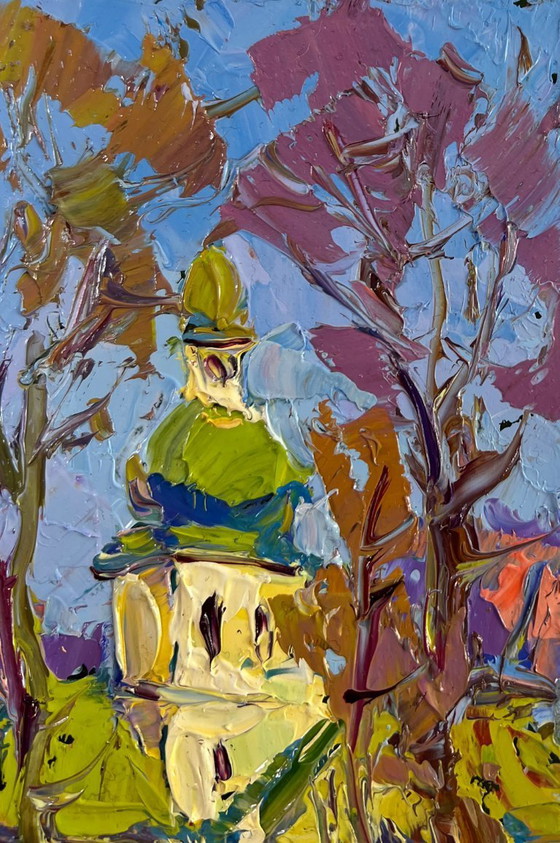 Image 1 of Original Oil Painting Day Church Landscape Spring in every breath