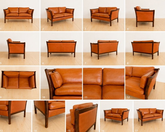 Divano vintage danese a due posti in pelle color cognac, stile metà secolo, anni '60. (photo 2 of 8)
