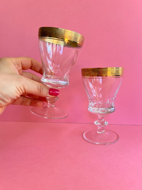 Image 1 of 6x Theresienthal Weinglas Likörglas Kristallglas „Concorde“ – 24K Goldrand – Mintonborte – Vintage