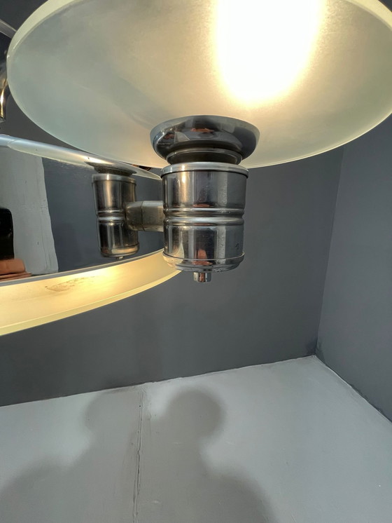 Image 1 of 1930s Art Deco Chrome Chandelier with Frosted Glass Disc Shades – Czech Vintage Lighting