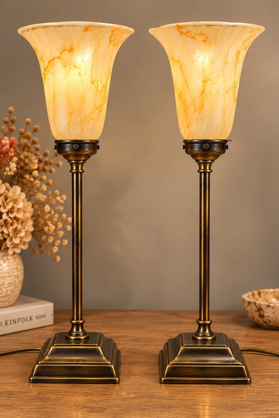 Set di 2 Lampade da tavolo Vintage – Paralumi in Vetro Marmorizzato – Effetto Ottone – Glass, Brass (photo 4 of 5)