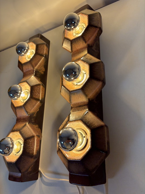 Lampade da parete in ceramica marrone di Pan, Germania, 1970, set di 2