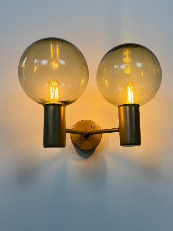 Image 1 of Pair of vintage double wall lights, Hans-Agne Jakobsson model V 149/2, brass and smoked glass, Sweden, 1970