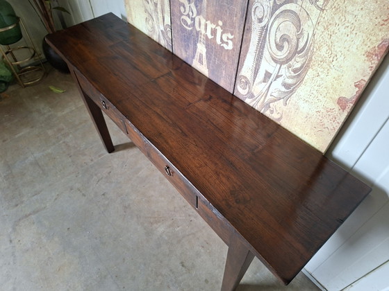 Robuuste teakhouten sidetable, haltafel, console afm. 145x38cm en 79cm hoog. – Wood (photo 5 of 5)