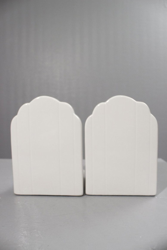 Image 1 of Pair of vintage earthenware bookends, Pierrot de la Lune design, 1980s