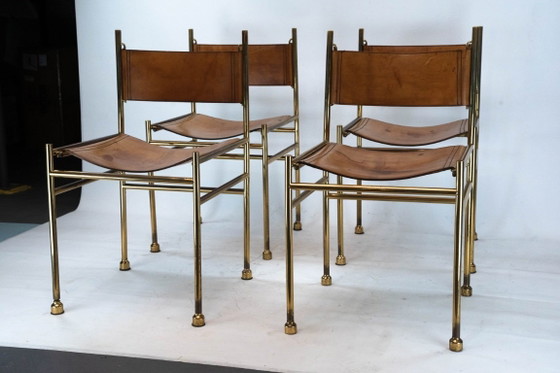 Image 1 of Set van 4 messing en lederen stoelen van Luciano Frigerio, Italië, jaren 70.