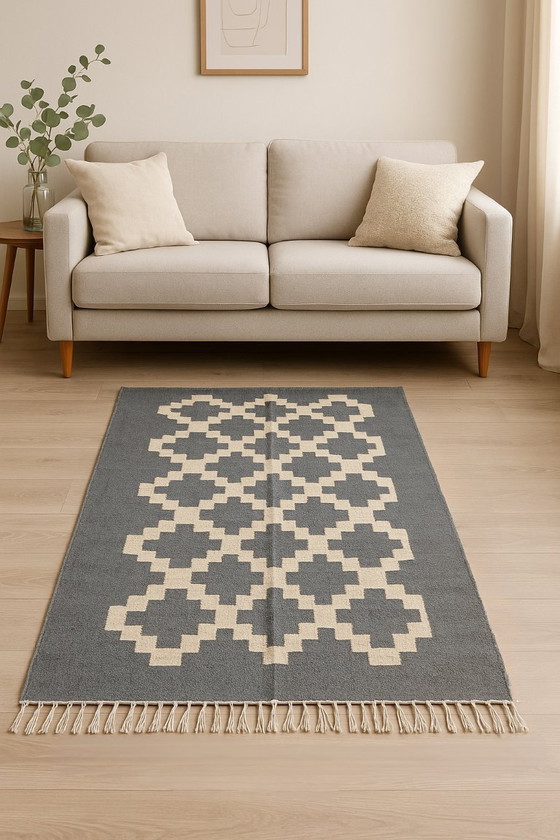 Image 1 of Senon Kelim loper 90 × 160 cm - Handgemaakt in Egypte - Grijze ruit, platbinding