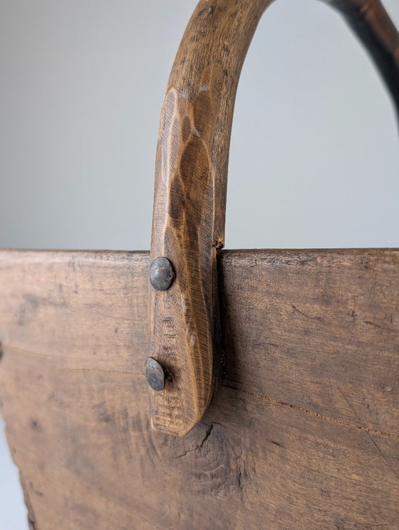Image 1 of Antique Wooden Log Basket with Hand-Forged Hardware, Wabi-Sabi, 19th Century