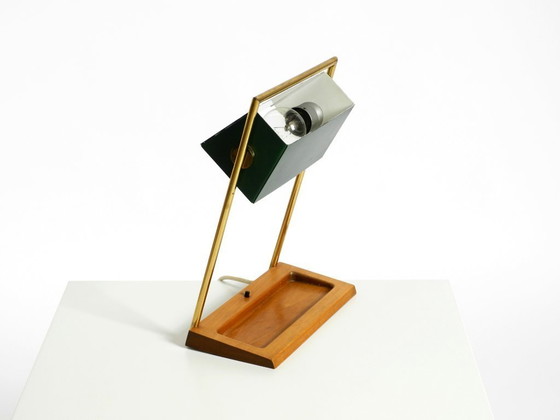 Image 1 of Original large 1960s Temde table lamp with a brass frame, teak base, and green lampshade