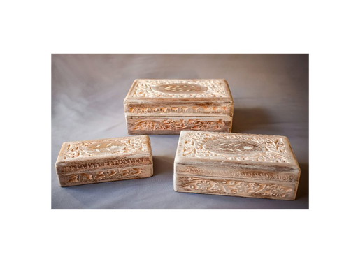 Set of antique carved wooden boxes with ivory inlays. New. Suitable for sewing, jewelry, or other purposes.