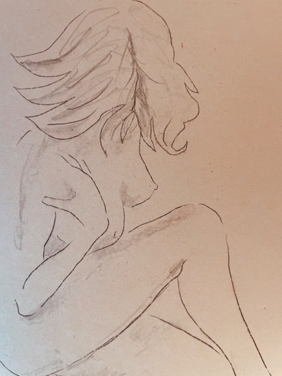 Image 1 of Nude female drawing "squatting sketchbook" on antique cardboard