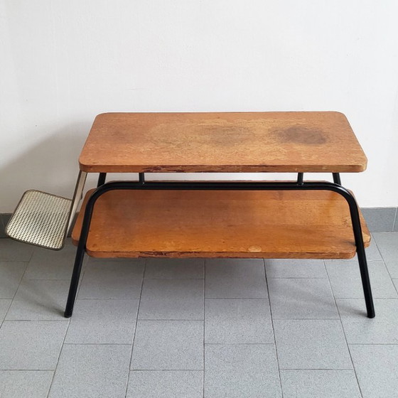 Image 1 of Tavolino da caffè/portariviste vintage anni '50 in acciaio e faggio - Stile Rockabilly Zazou