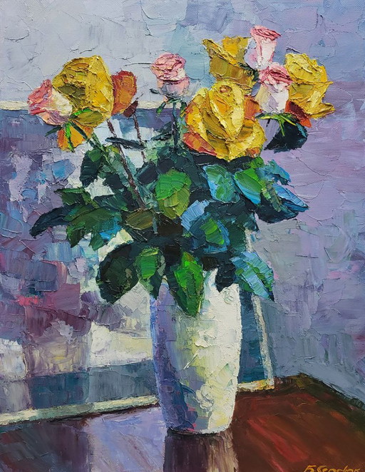 Original Ölgemälde Stillleben Blumen Strauß Rosen
