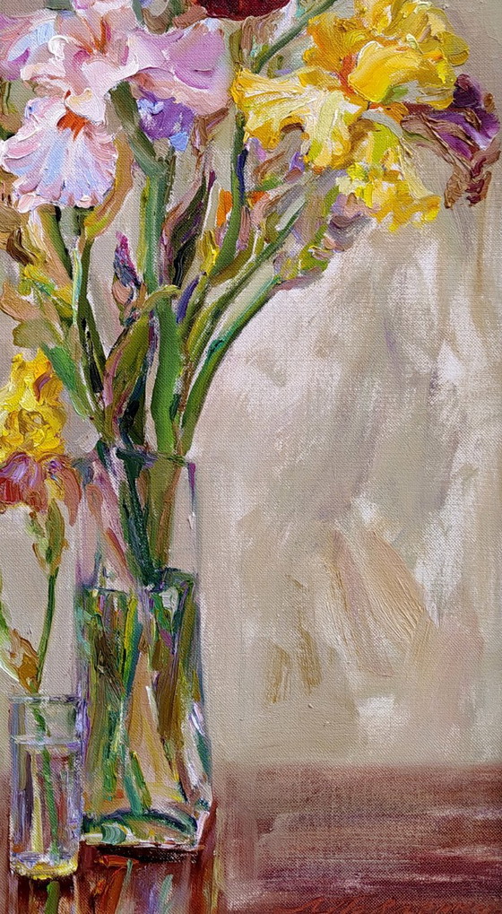 Origineel Olieverfschilderij Stilleven Bloemen Boeket Irissen – Schilderijen & Tekeningen, Canvas (photo 5 of 5)