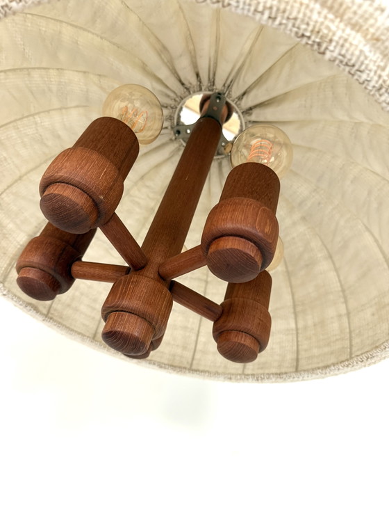 Image 1 of Vintage XL teak & wool pendant lamp, Domus '70