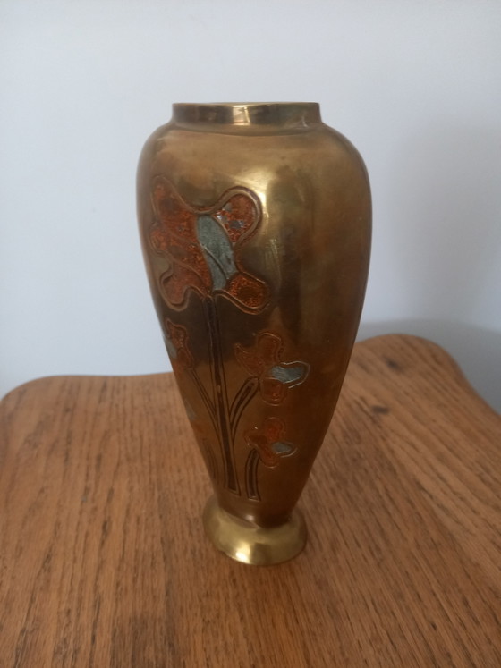 Image 1 of Antique Brass Champlevé Vase – Art Deco / Art Handmade
