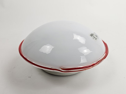 Ceiling or wall lamp by Leucos Italian milk glass discus model with red rim