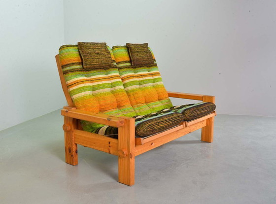 Image 1 of Yngve Ekstrom Mid-Century Scandinavian Design 2-Seat ‘Dymling’ Sofa in Pinewood and Rainbow Fabric for Swedese. Sweden, 1970s.