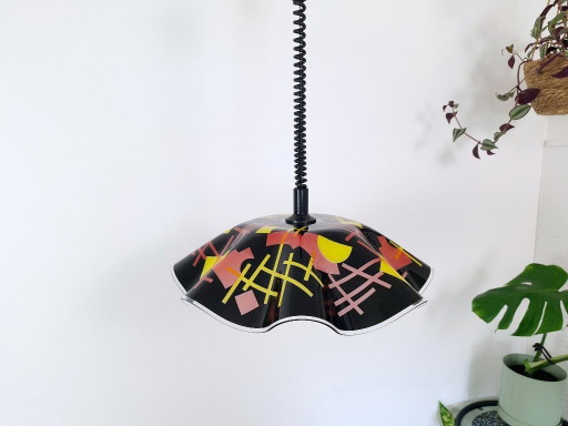 Vintage 1980s Memphis Design Pendant Light / Postmodern Geometric Pull Down Lamp / Roly Poly Spiral Cable Chandelier / Retro Era