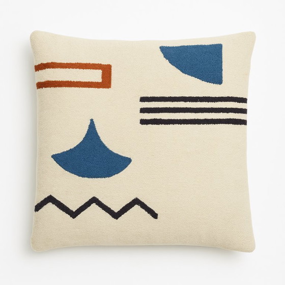 Image 1 of Fodera per cuscino in lana egiziana fatta a mano 40x40 cm – Grigio, blu e ruggine – Design geometrico – Cerniera sul retro