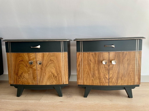 Refurbished Mid-Century Modern Bedroom Set – Stripped Walnut, Grachtengroen, and Silvery Accents