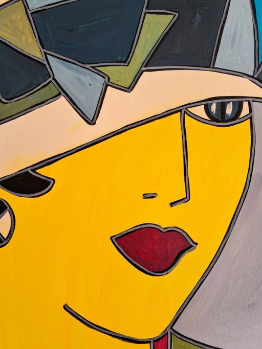 Patricia KLEYMAN - Ritratto di una graziosa giovane donna con un cappello bianco - Dipinto dell'artista