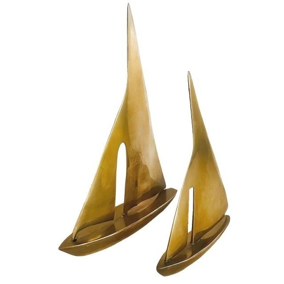 Image 1 of Set di barche a vela in ottone vintage in stile Hollywood Regency di Curtis Jere, anni '70