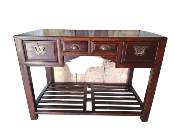 Antique Chinese Altar Side Table, Hall Table, Wall Console. Dimensions: 113x85cm and 81cm High. – Wood, Brass (photo 2 of 5)