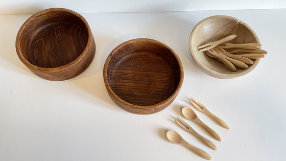 Image 1 of Set di 3 ciotole + 12 mini posate in legno e teak